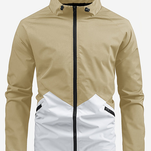 Men's Casual Stand Collar Windbreaker Jacket, Color Block Jacket For Outdoor Activities