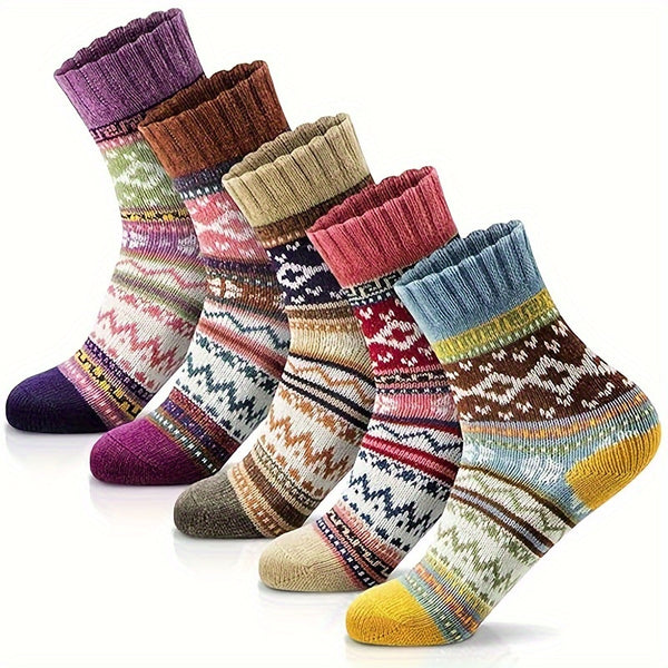 5 Pairs Women's Color Block Winter Socks, Thickened Thermal Cozy Wool Socks, Breathable Warm Casual Crew Socks For Winter Gifts