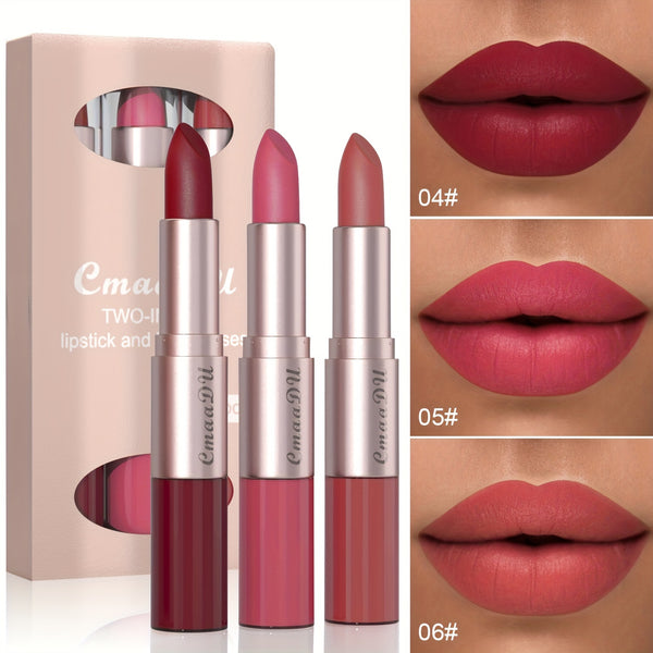 2 In 1 Deep Red Matte Lipstick & Long Lasting Smudge Proof Liquid Lipstick Lip Gloss Stain 3Pcs Set For Women Red Rose Nude Pinkish Matte Mate Vegan Long Lasting Lipstick 24 Hour Pack Waterproof 3