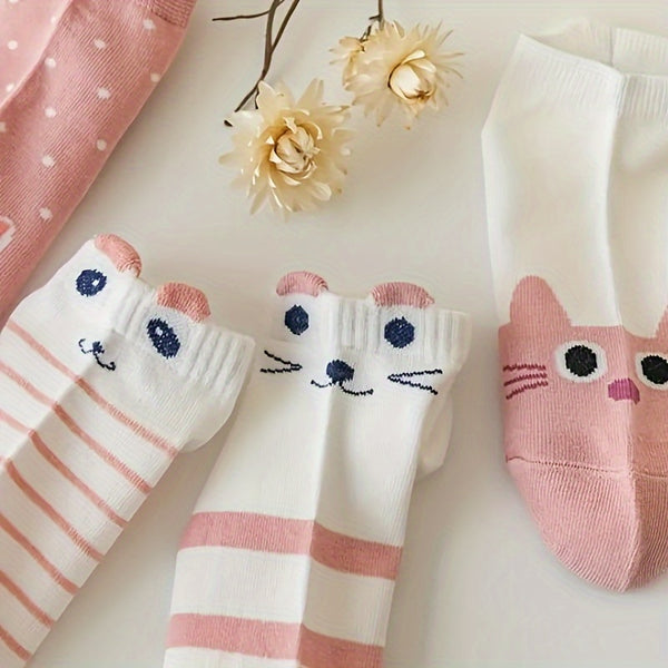 5 Pairs Cartoon Cat Print Socks, Soft & Comfy Low Cut Ankle Socks, Women's Stockings & Hosiery