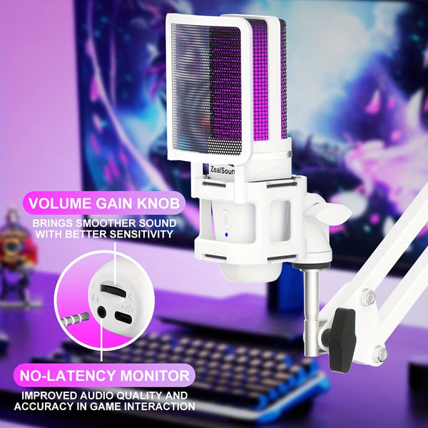ZealSound Professional USB Gaming Microphone Kit, Podcast Condenser Mic With Boom Arm And RGB Light, Plug&Play Microphones For Streaming, PC, Computer (White)