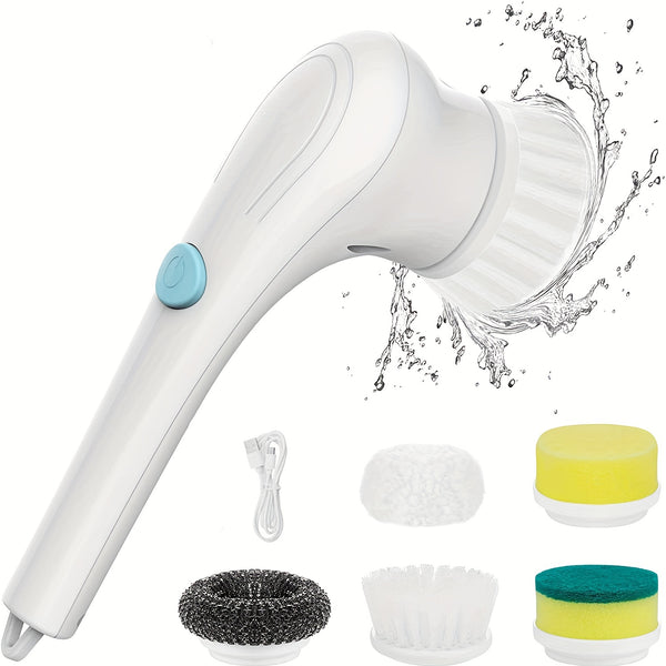 Set, Electric Scrubber With 5 Replaceable Brush Heads