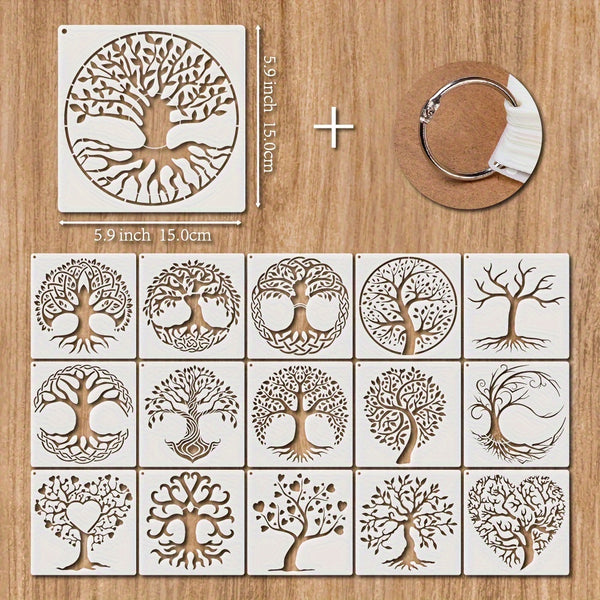 16pcs Tree Of Life Stencil, 14.99 Cm Reusable Tree Of Life Pattern Stencil, Heart Tree Drawing Template For Painting On Wood Floor Airbrush Canvas Wall Floor Furniture Home Decor DIY Art Crafts