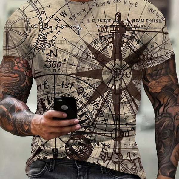 Trendy Compass 3D Digital Pattern Print Men's Graphic T-shirt, Causal Comfy Tees, Short Sleeve Pullover Tops, Men's Summer Outdoor Clothing