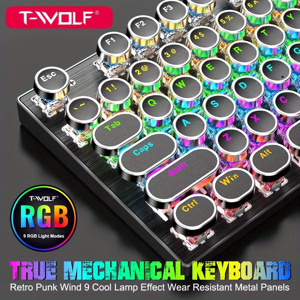 T-WOLF T75 True Mechanical Keyboard Wired Computer Luminous Esports Game Retro Punk Round Keyboard, Office, Home, Business, Gaming, Office, PC, Tablet, Gaming Mechanical Keyboard