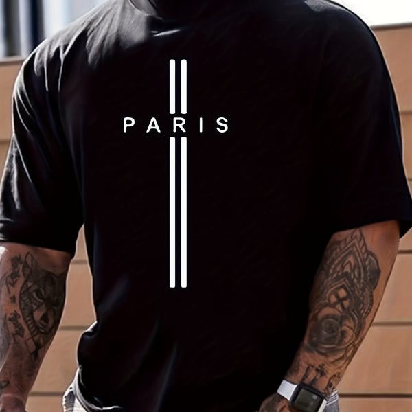 PARIS Print, Men's Graphic Design Crew Neck Active T-shirt, Casual Comfy Tees Tshirts For Summer, Men's Clothing Tops For Daily Gym Workout