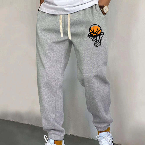 Basketball Pattern, Men's Drawstring Sweatpants, Pocket Casual Comfy Jogger Pants, Mens Clothing For Autumn Winter