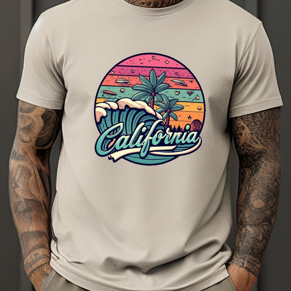 California Graphic Print Men's Trendy Short Sleeve T-shirts, Comfy Casual Breathable Tops For Men's Fitness Training, Jogging, Outdoor Activities