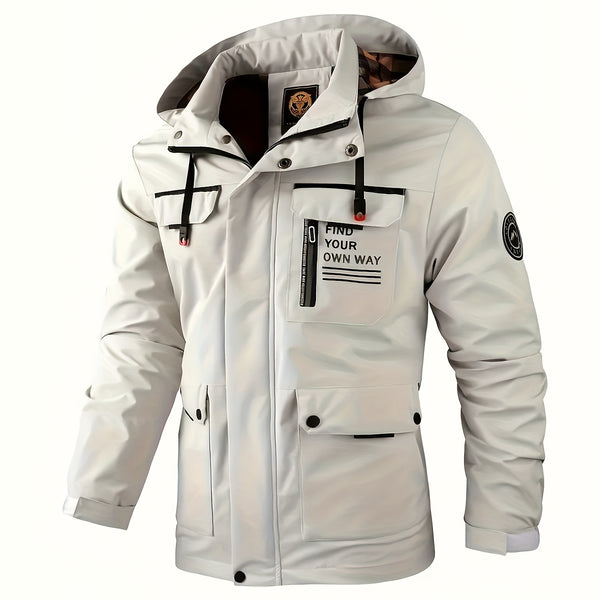 Men's Casual Flap Pocket Hooded Windbreaker Jacket, Chic Parka Jacket For Spring Fall