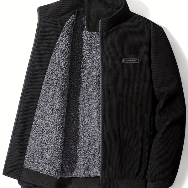 Men's Casual Warm Fleece Zip Up Jacket, Chic Bomber Jacket For Fall Winter