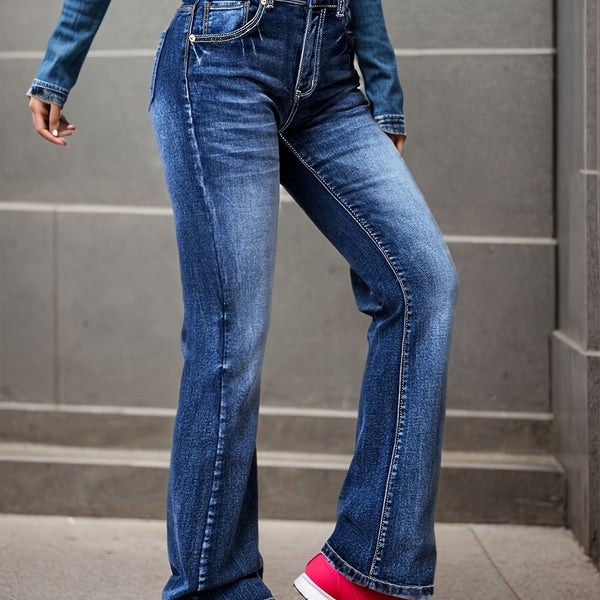 Blue Water Ripple Embossed Flare Jeans, High Waist High Stretch Washed Denim Trousers, Women's Denim Jeans & Clothing