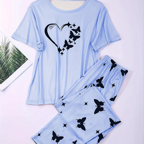 Heart & Butterfly Print Pajama Set, Comfort Short Sleeve Top & Loose Long Pants, Women's Loungewear & Sleepwear