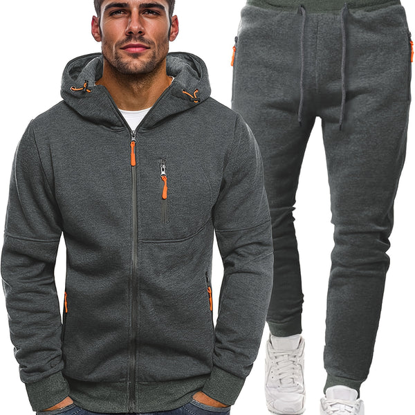 Classic Men's Athletic 2Pcs Tracksuit Set Casual Full-Zip Sweatsuits Long Sleeve Hoodie And Jogging Pants Set For Gym Workout Running