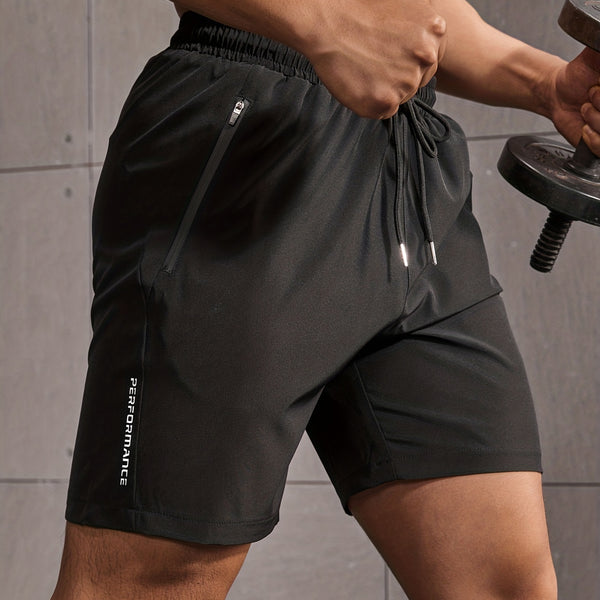 Quick Drying Comfy Shorts, Men's Casual Letter Print Zipper Pockets Waist Drawstring Athletic Shorts For Summer Gym Workout