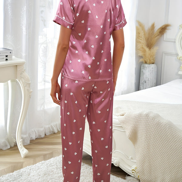Heart Print Pajama Set, Short Sleeve Buttons Top & Elastic Waistband Pants, Women's Sleepwear & Loungewear