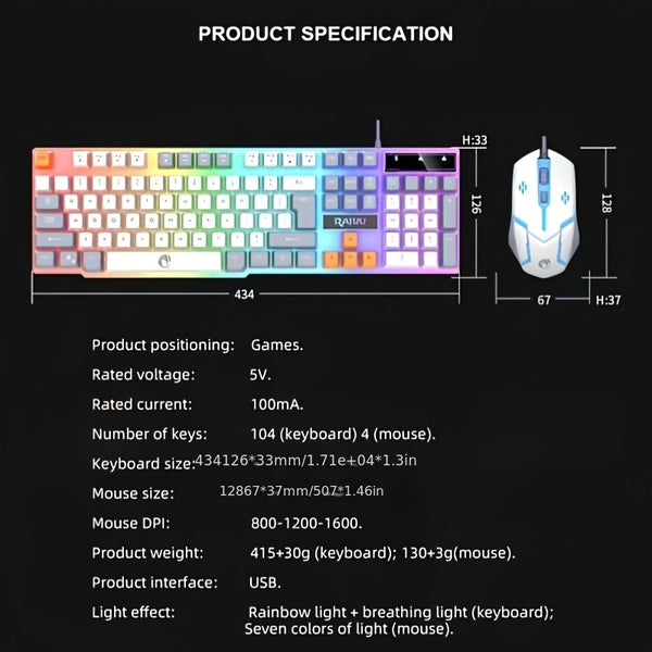 Wired Gaming Glowing Keyboard And Mouse Set, Multicolored Breathing Mouse Keyboard