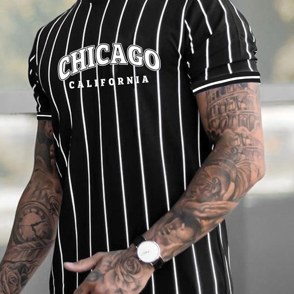 "Los Angeles" Print Striped T-shirt, Men's Casual Street Style Stretch Round Neck Tee Shirt For Summer