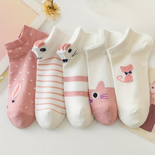 5 Pairs Pink Serie Cute Cat Print Short Socks, Soft & Lightweight Low Cut Ankle Socks, Women's Stockings & Hosiery