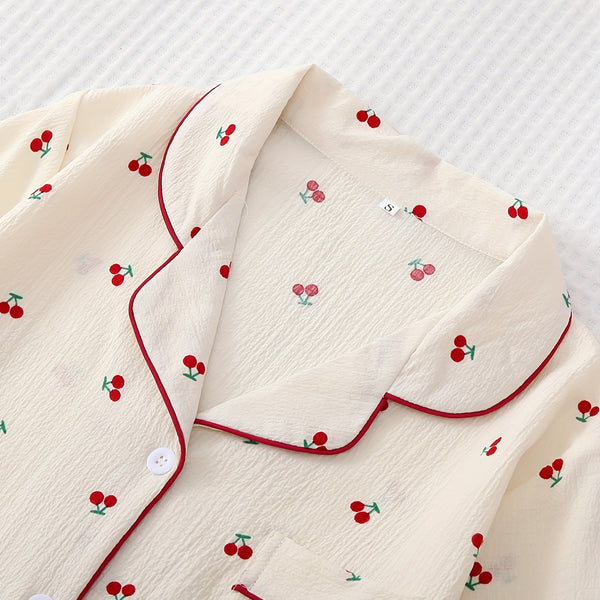 Cherry Print Pajama Set, Sweet & Cute Lapel Buttons Top And Bow Shorts, Women's Sleepwear & Loungewear