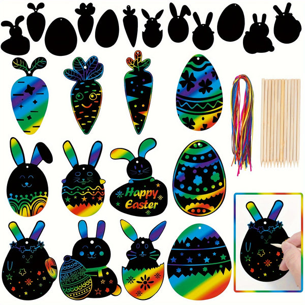 48pcs Easter Crafts Kit Rainbow Scratch Easter Ornaments Magic Scratch Off Cards Easter Hanging Art Crafts Easter Egg Fillers Party Favors Classroom Project Decorations Fun DIY Activity