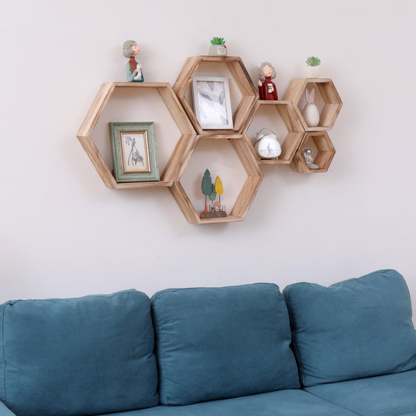 5pcs Hexagon Floating Shelves - Wall Mounted Wood Farmhouse Storage For Bathroom, Bedroom, Living Room - Driftwood Finish Wall Decor
