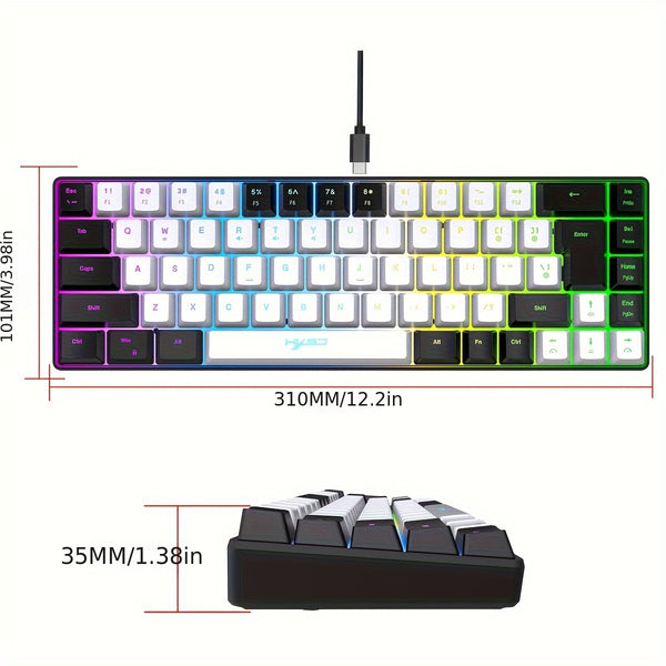 HXSJ New Thin Film Wired Game Keyboard USB-C Key Cable Separation 68 Key RGB Backlight Suitable for Home Games, Office, Black and White