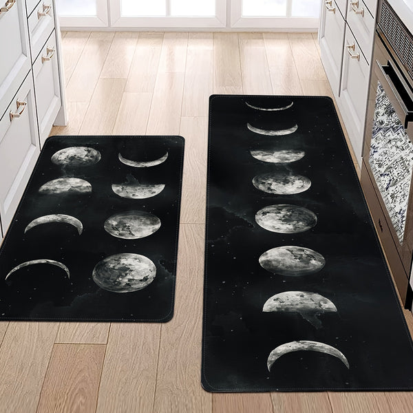 Moon Print Kitchen Mat, Black Background Rug, Lightweight.