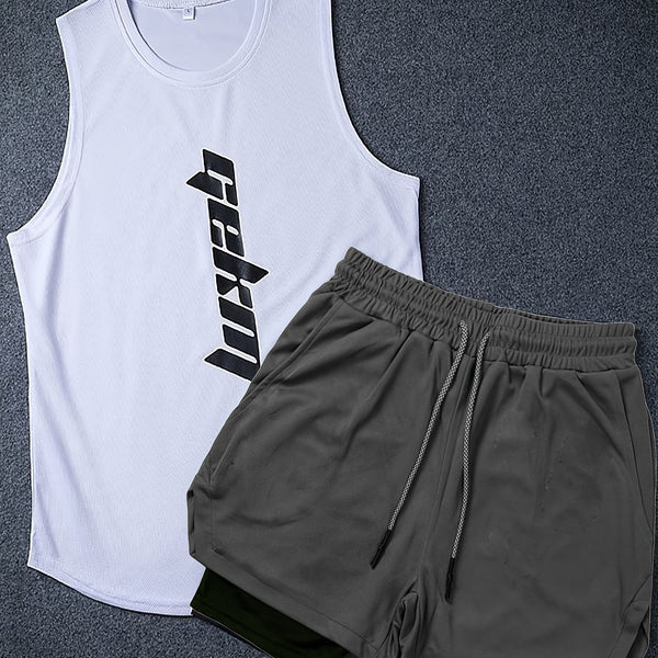 Men's 2 Pieces Outfits, Fashion Letter Print Round Neck Tank Top And Drawstring Breathable Shorts Set