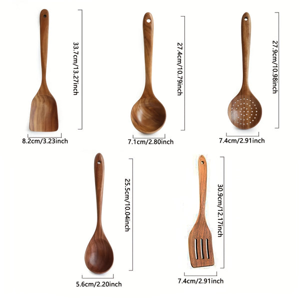 5pcs Wooden Cooking Spoon Set Wok Turners Natural Teak Wooden