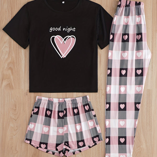 Heart Print Pajamas Set, Short Sleeve Crew Neck Top & Shorts & Plaid Pants, Women's Sleepwear & Loungewear