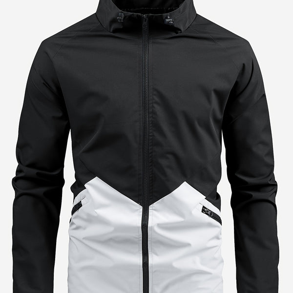Men's Casual Stand Collar Windbreaker Jacket, Color Block Jacket For Outdoor Activities