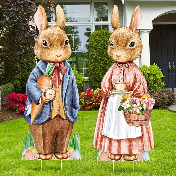 2pcs Rabbit And Flower Signs With Wooden Stakes, Easter Decorations