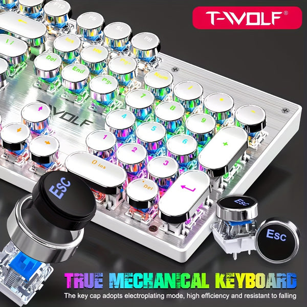 T-WOLF T75 True Mechanical Keyboard Wired Computer Luminous Esports Game Retro Punk Round Keyboard, Office, Home, Business, Gaming, Office, PC, Tablet, Gaming Mechanical Keyboard