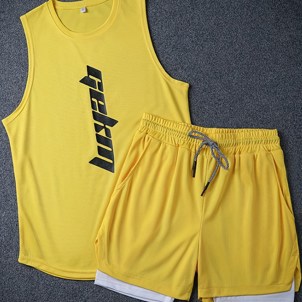 Men's 2 Pieces Outfits, Fashion Letter Print Round Neck Tank Top And Drawstring Breathable Shorts Set