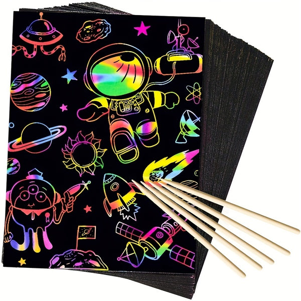 50pcs Magic DIY Scratch Paper, Scratch Rainbow Art Paper Scratch Painting Kit With 5 Wooden Stick For Boys Girls Birthday Party Holiday Gift