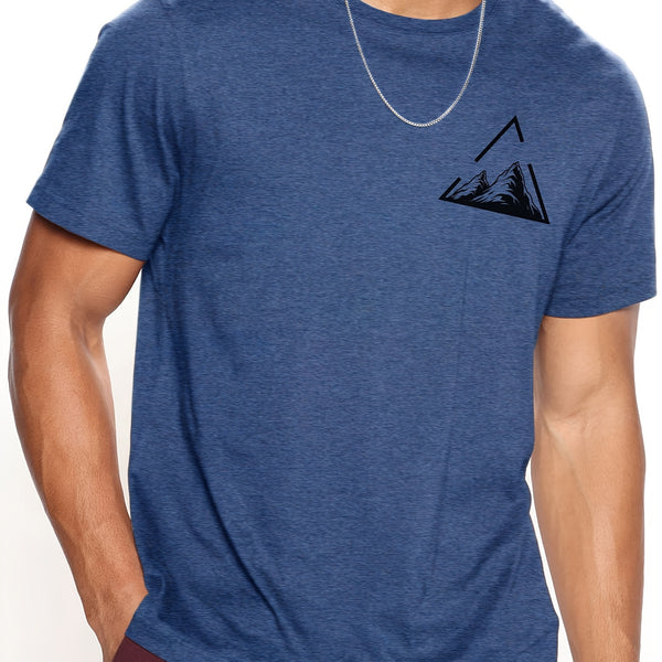 Stylish Mountain With Triangular Frame Pattern Print Men's T-shirt, Graphic Tee Men's Summer Clothes, Men's Outfits