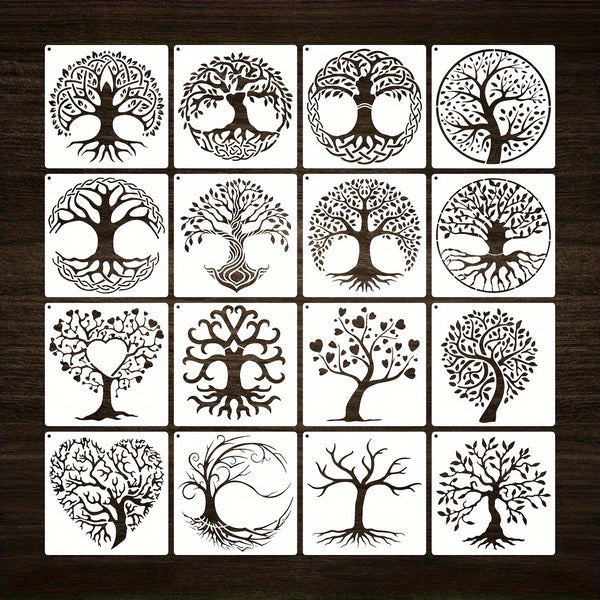16pcs Tree Of Life Stencil, 14.99 Cm Reusable Tree Of Life Pattern Stencil, Heart Tree Drawing Template For Painting On Wood Floor Airbrush Canvas Wall Floor Furniture Home Decor DIY Art Crafts
