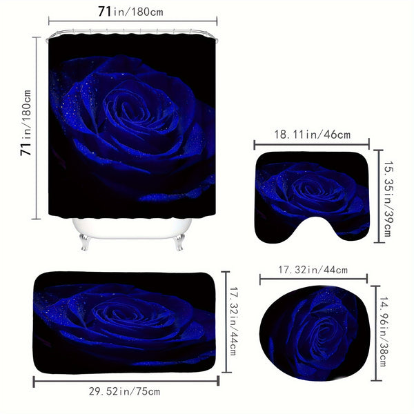 4pcs Blue Rose Printed Shower Curtain Set, Decorative Bathroom Set