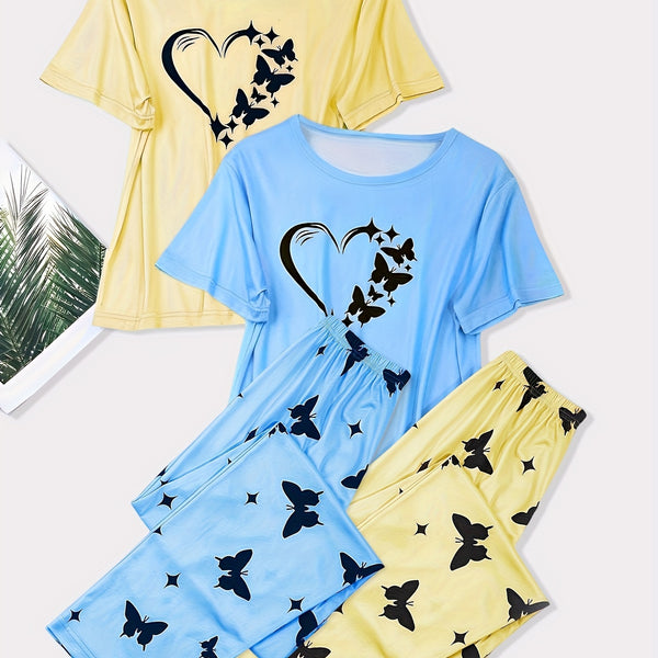 2 Sets Heart Print Pajamas Set, Short Sleeve Crew Neck Top & Butterfly Print Pants, Women's Sleepwear & Loungewear
