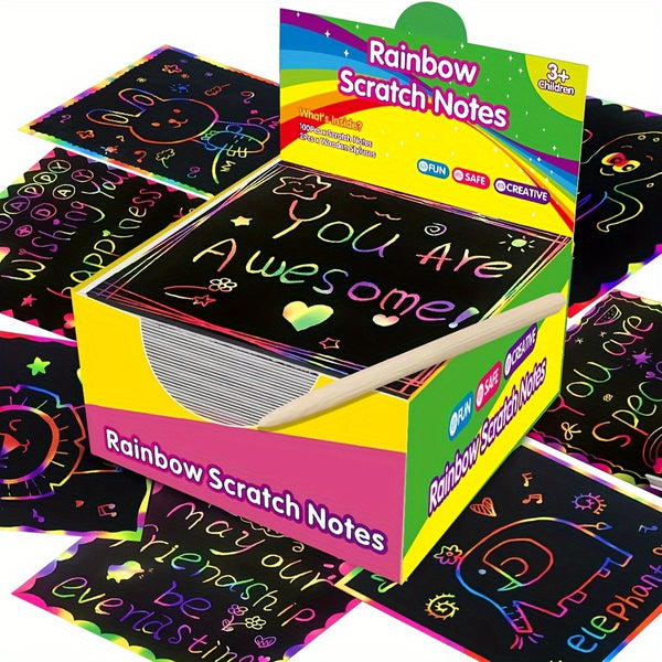 100pcs Rainbow Scratch Mini Art Notes - Magic Scratch Paper Note Cards Arts Crafts DIY Party Favor Supplies for Birthday Halloween Christmas Stocking Stuffer Gift Box