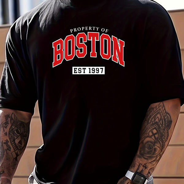Men's BOSTON Graphic Short Sleeve T-shirt, Comfy Stretchy Trendy Tees For Summer, Casual Daily Style Fashion Clothing