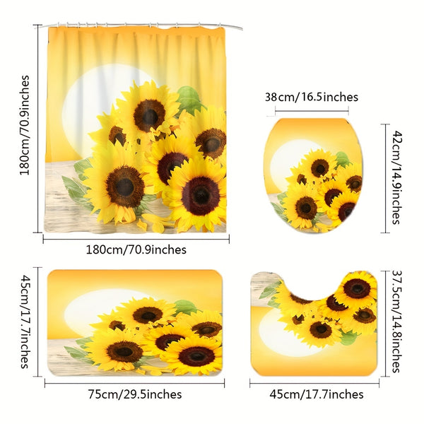 4pcs Bathroom Sets Rugs Shower Curtain, Sunshine Potted Sunflower