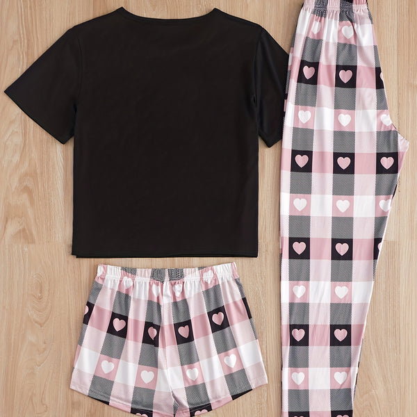 Heart Print Pajamas Set, Short Sleeve Crew Neck Top & Shorts & Plaid Pants, Women's Sleepwear & Loungewear