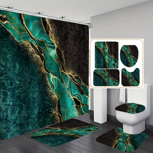 4pcs Bathroom Sets Rugs Shower Curtain, Green Marble Pattern