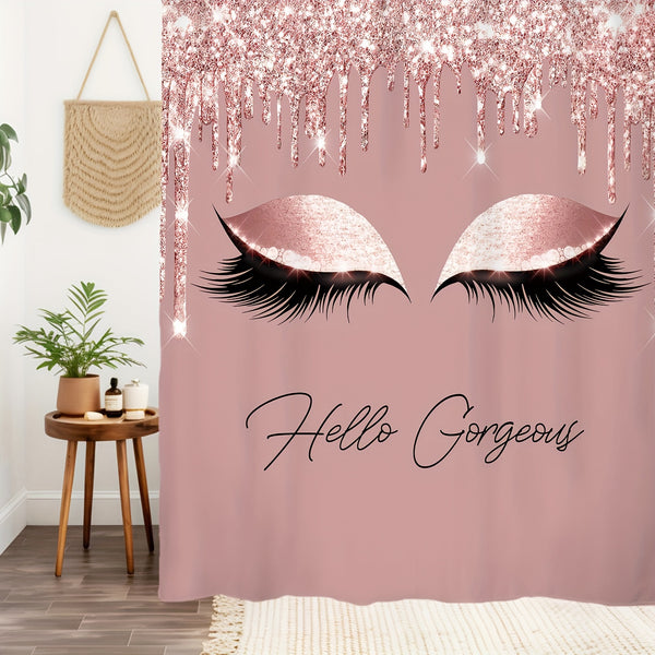 4pcs Eyelash Printed Shower Curtain Set, Pink Waterproof