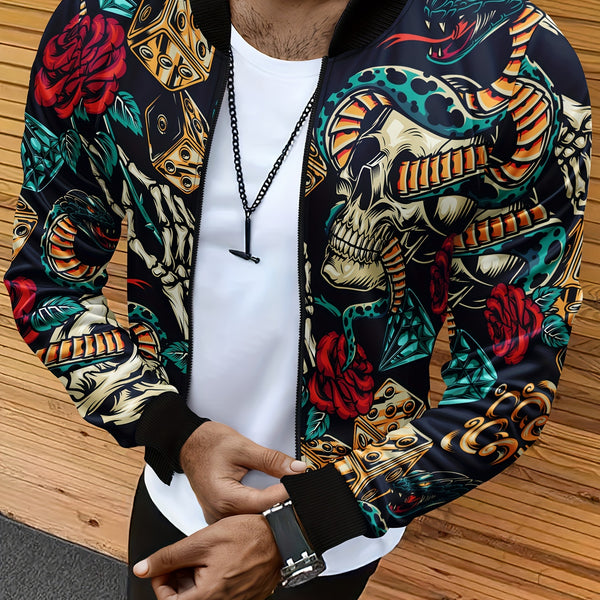 Cool Skull Head And Snake And Flower 3D Digital Print Men's Fashion Baseball Collar Zip Up Jacket, Fall Winter Outdoor