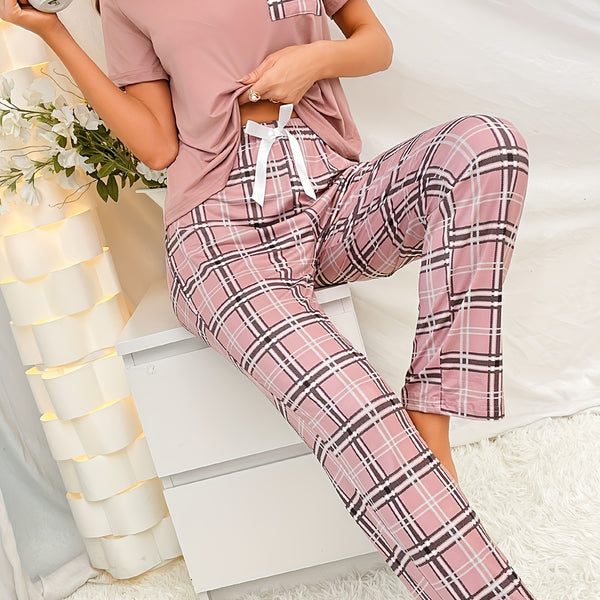 Plaid Print Pajama Set, Casual Short Sleeve Crew Neck Top & Bow Tie Lounge Pants, Women's Sleepwear & Loungewear