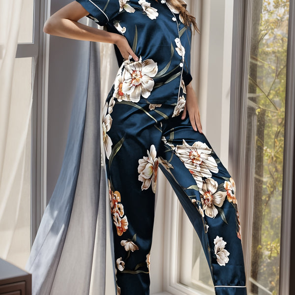 Floral Print Pajama Set, Short Sleeve Buttons Top & Elastic Waistband Pants, Women's Sleepwear & Loungewear