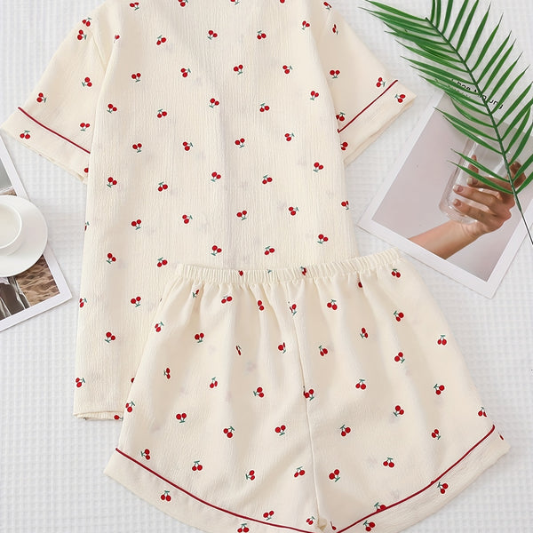 Cherry Print Pajama Set, Sweet & Cute Lapel Buttons Top And Bow Shorts, Women's Sleepwear & Loungewear