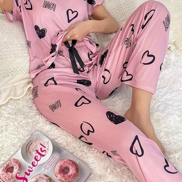 Casual Heart & Letter Print Pajama Set, Short Sleeve Crew Neck Top & Elastic Pants For Valentine's Day, Women's Sleepwear & Loungewear